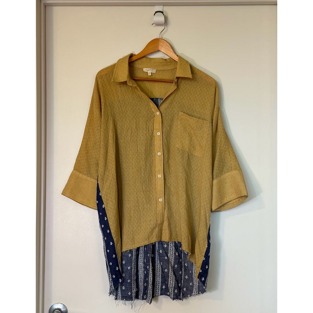 Mystree Button Down 3/4 Sleeve Shirt Shacket MEDIUM Yellow Mustard Blue Hippie